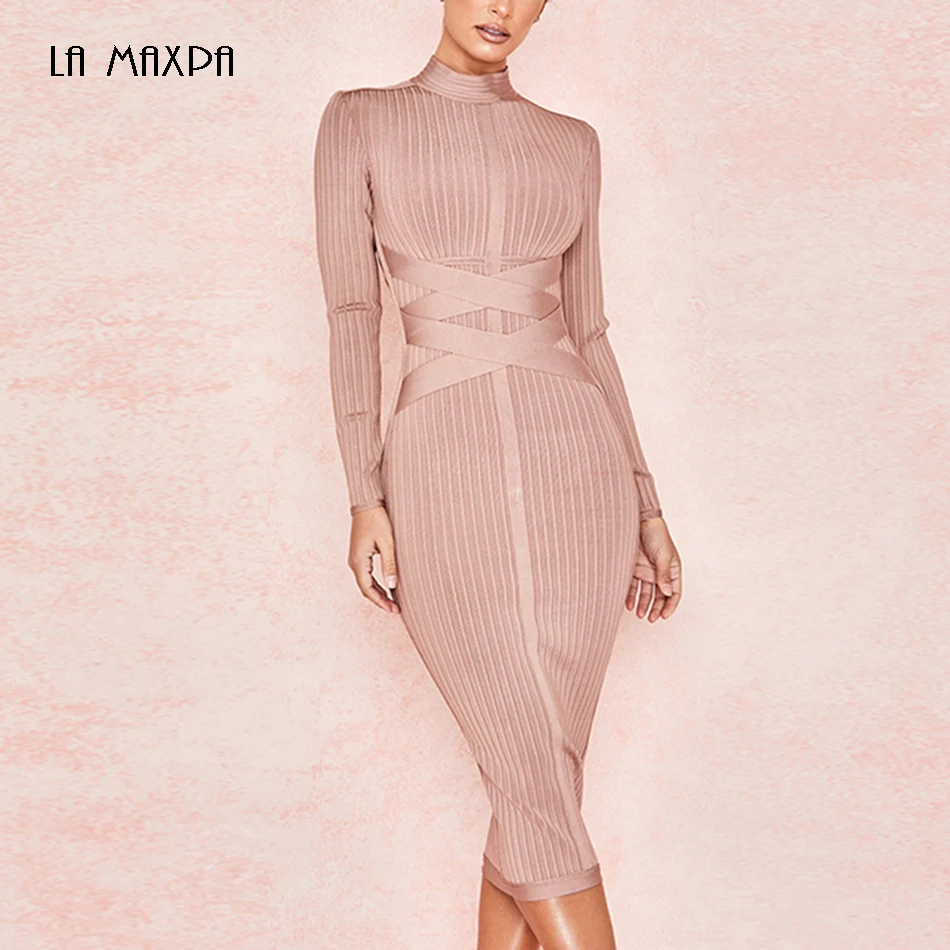 2019-spring-new-nude-color-fashion-winter-cross-long-sleeve-calf-length-sexy-Bodycon-Midi-Calf