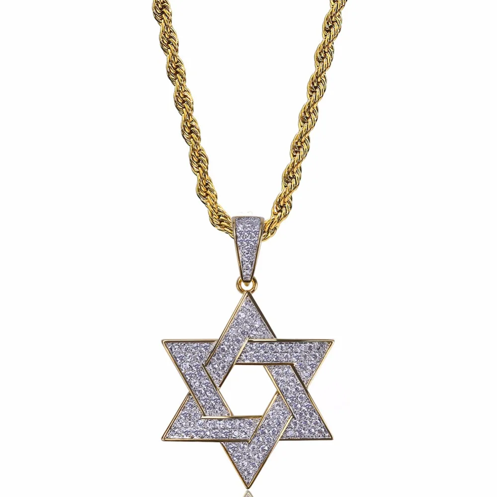 

Hip Hop Bling Ice Out Full Rhinestone Gold Color Stainless Steel Hexagram Jewish Star of David Pendants Necklaces Men Jewelry