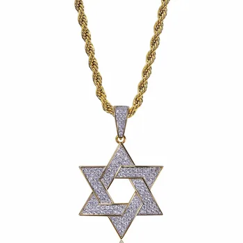 

Hip Hop Bling Ice Out Full Rhinestone Gold Color Stainless Steel Hexagram Jewish Star of David Pendants Necklaces Men Jewelry