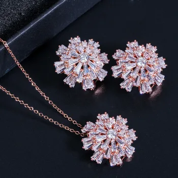 

Bilincolor fashion silver color cubic zirconia snowflake bridal wedding necklace and earrings set party jewelry sets for women