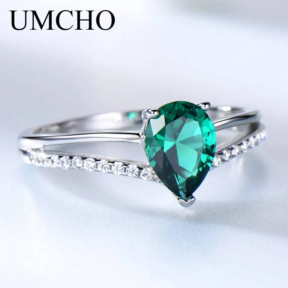 Najtaniej UMCHO zielony szmaragd kamień pierścionki dla kobiet 925 Sterling Silver biżuteria romantyczny klasyczny kropla wody pierścień prezent na walentynki