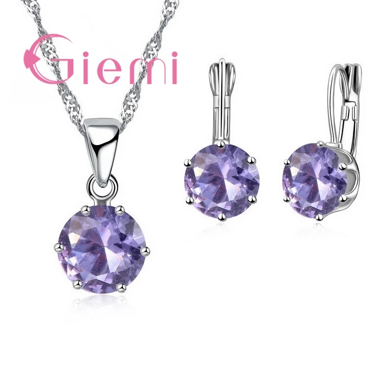 Новые Модные Роскошные CZ Ювелирные наборы 925 пробы серебряные серьги+ кулон ожерелье набор для женщин юбилей обручение подарочный набор - Окраска металла: light purple