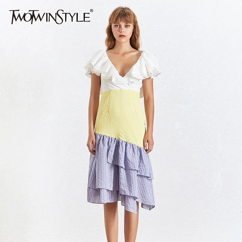

TWOTWINSTYLE Elegant Striped Women Dress V Neck Short Sleeve High Waist Ruffles Hit Color Midi Dresses Female Fashion 2019
