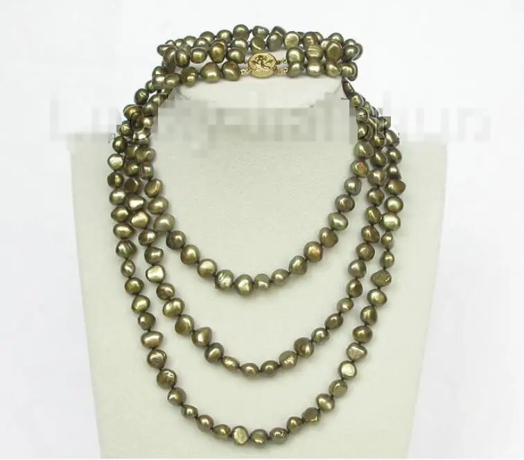 

Free shipping hot sale Women Bridal Wedding Jewelry >>length 49" 8" 8-9mm baroque green pearls necklace 2row bracelet set