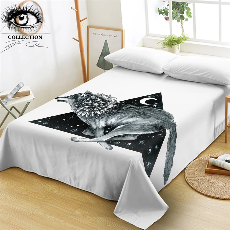 

Wolf Running by Pixie Cold Art Flat Sheet Moon Star Bed Sheet King Rock Crystal Bedspreads One Piece White Bedlinen Dropship
