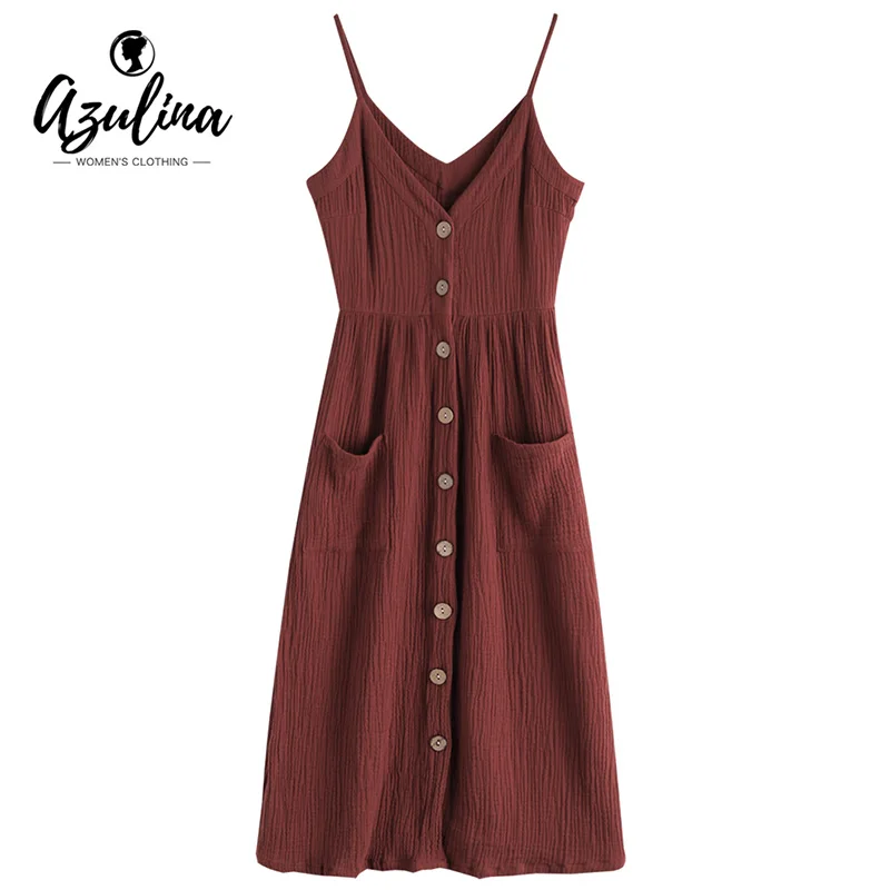 

ZAFUL Buttons Front Woven Cami Dress Women Spaghetti Strap Sleeveless Midi Dress Female Autumn Dresses 2019 Vestidos De Fiesta