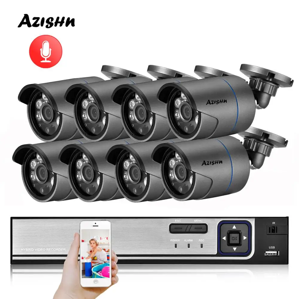 AZISHN H.265 8CH 4MP POE Security Camera System NVR Kit Audio Record IP Camera IR Outdoor IP66 CCTV