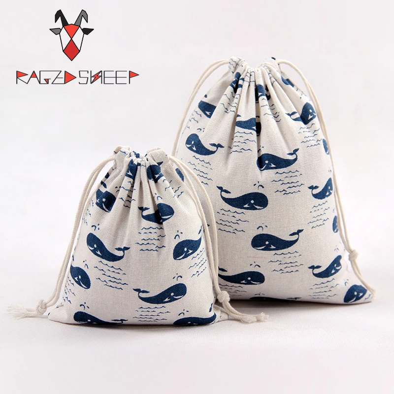

Raged Sheep Fashion Drawstring Cotton Grocery Shopping Bags Folding Shopping Cart Eco Whale Printed Reusable Bag