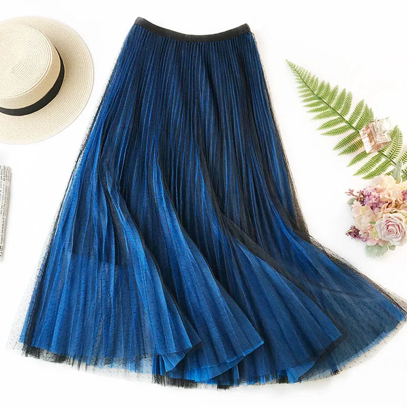 

Blue/Purple/Gray/Black Casual Polka Dot Tulle Skirts Womens Fashion Pleated Long Skirt Female Spring Summer Mesh Midi Tutu Skirt