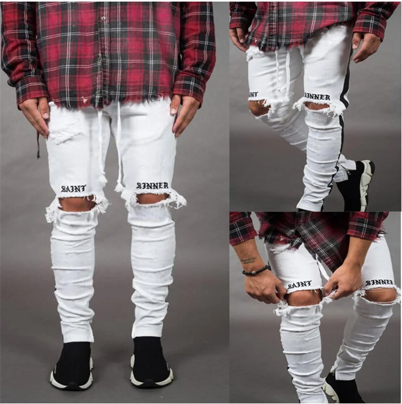 Осень Зима Мода мужские рваные джинсы с вышивкой серые хип-хоп облегающие мужские джинсы мужские облегающие мужские джинсы