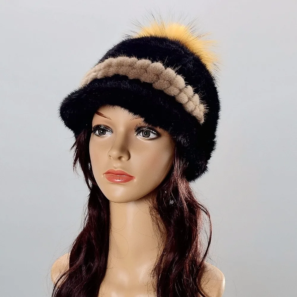 Female fur hats Mink Fur Cap Knitted Hats For Winter Women Beanies 2017