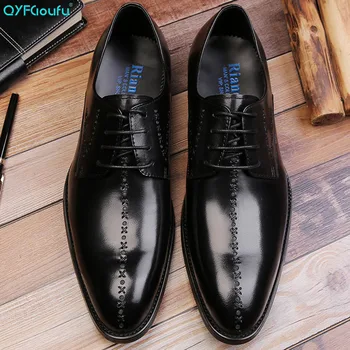 

QYFCIOUFU Luxury Brand Genuine Leather Formal Shoes Men Pointed Toe Lace-up Dress Shoes Men's Wedding Shoes Fashion Office Shoes