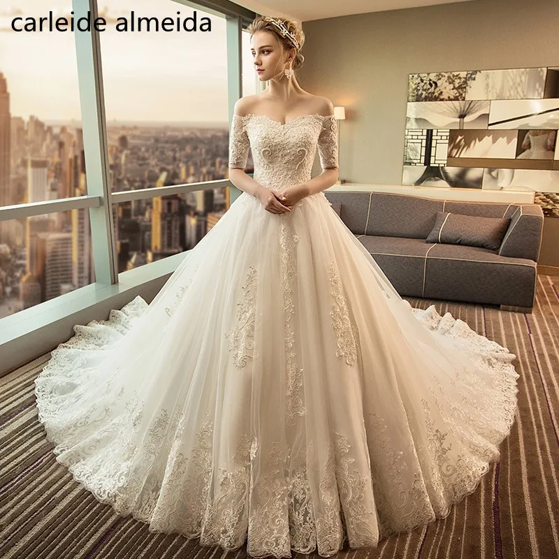 

Vestido de Noiva Off-the-Shoulder Ball Gown Wedding Dress 2018 with Half Sleeves 3D lace appliques Robe de mariee
