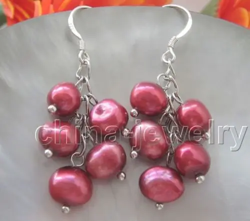 

Free shipping 8-9mm red baroque freshwater pearl earring-925 silver hook 6.10