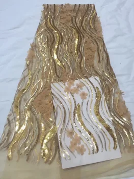 

Gold African Lace Fabric 2018 High Quality French Lace Fabric With 3 D Flowers Sequins Lace Fabric For Wedding Party Dress