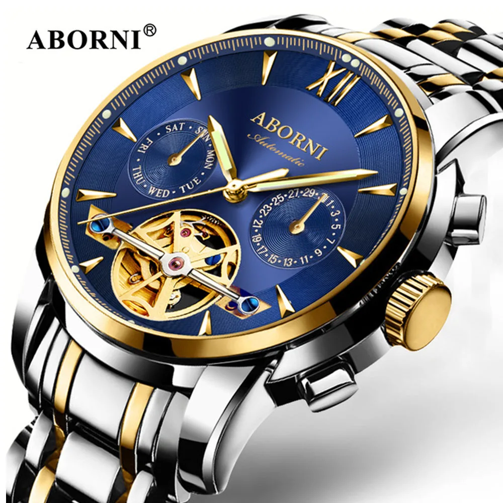

ABORNI Mens Watches Top Brand Luxury Automatic Mechanical Watch Men Steel Business Creative Man Sport Clock Relogio Masculino