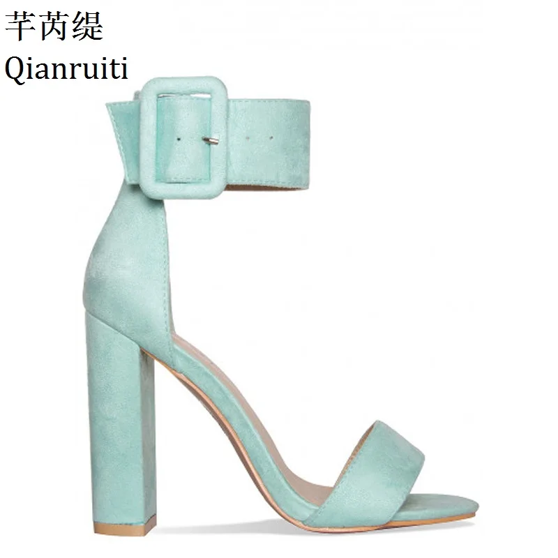 Qianruiti Pink Mint Green Faux Suede Women Pumps Peep Toe High Heels Women Sandals Ankle Buckle Strap Block Heels Women Shoes