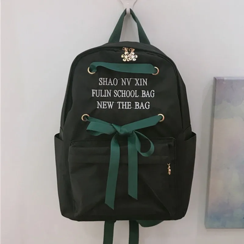 WISHOT лук рюкзак с завязкой дорожная сумка для подростков Kawaii девочек шелковая лента вышивка письмо милая розовая сумка - Цвет: black