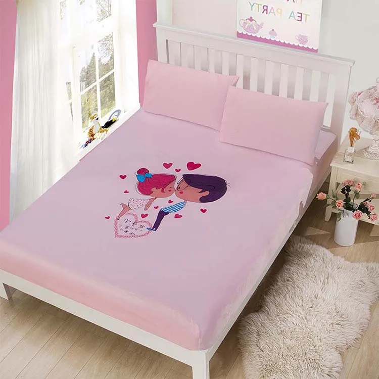

1pc 100% Polyester Fiber Crystal suede Fitted Sheet Mattress Cover Four Corners With Elastic Band Bed Cartoon couple Sheet