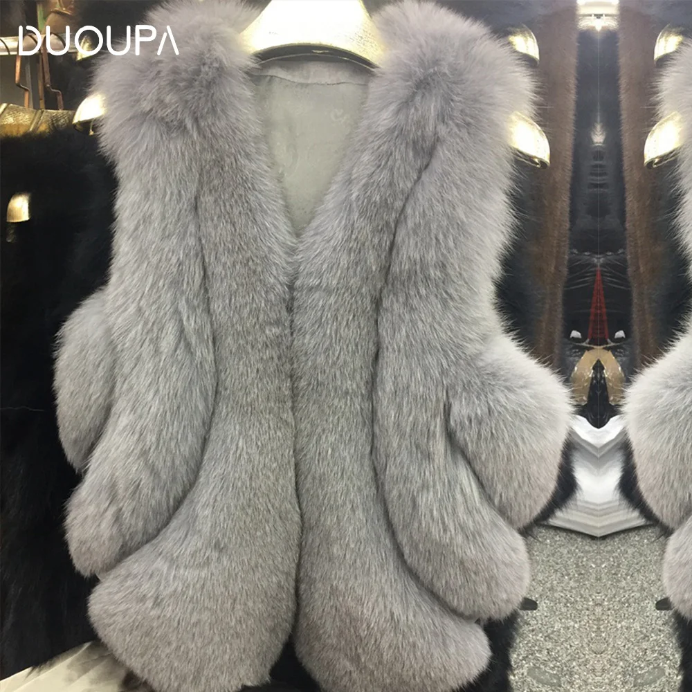 DUOUPA  Natural Real Fox Fur Vest is 50-65 cm Stylish Winter Short Thick Women Fur Vest Jacket Pockets Real Fur Vest Coats Slim