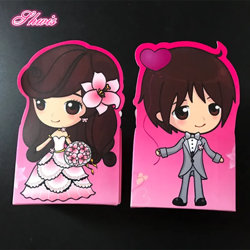 

10pcs/lot Wedding Decoration Cartoon Cute Candy Boxes Creative Bridegroom& Bride Type Wedding Invitations Boda