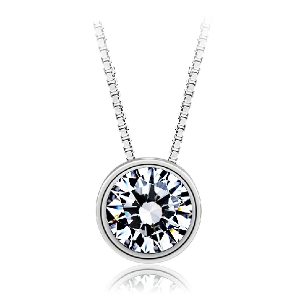 Classic Round Cubic Zircon CZ Pendant Necklace 925 Sterling Silver Chain Lady's Charm Jewelry 