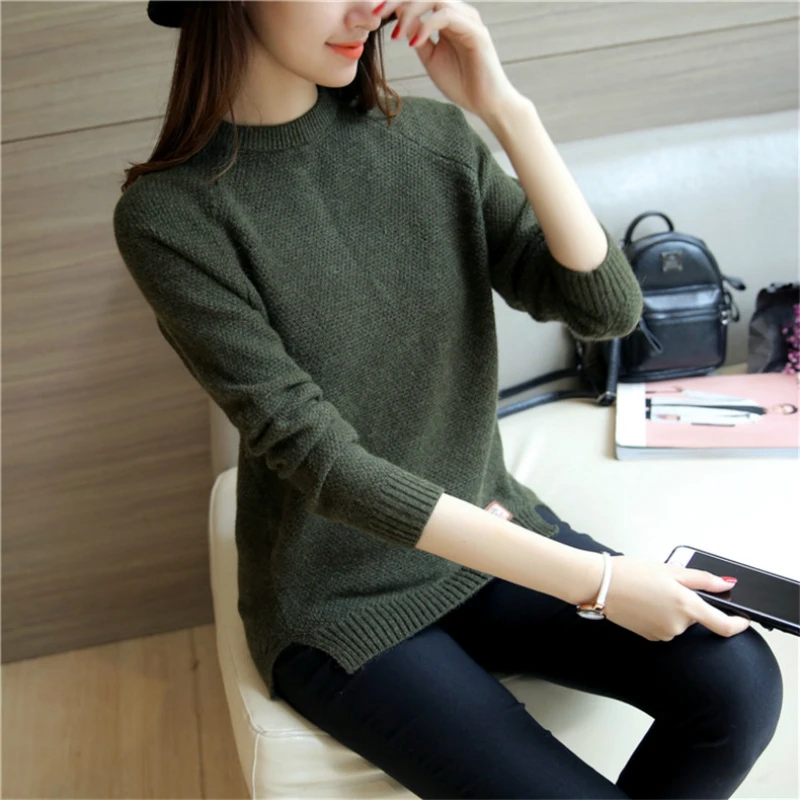 

2019 Sweater women's split loose autumn and winter models wild short paragraph bottoming shirt long-sleeved round neck knit tide