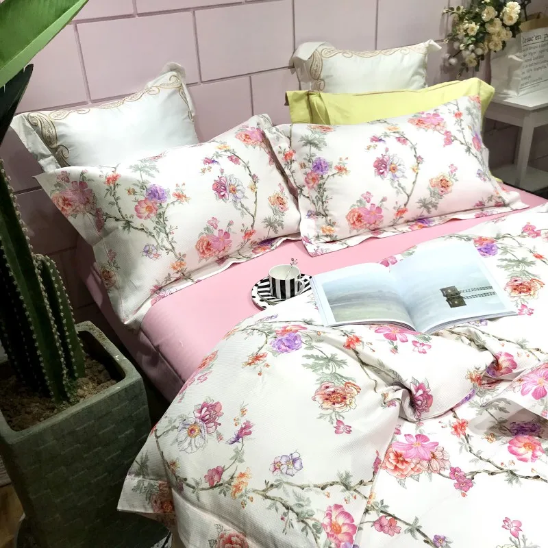 Waliicorners 4pcs Collection Floral print Duvet cover 100%Cotton Soft Bedding Set queen size king Bed sheets or fitted sheet pillow shams 14 IMG_6696