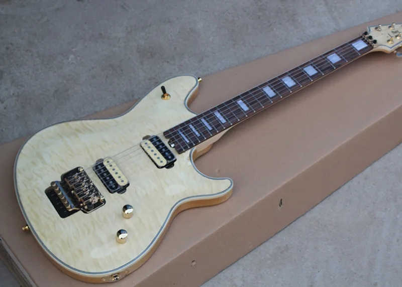 Factory Wholesale Milky Yellow Body Electric Guitar with Two Open Humbucker Pickups,Floyd Rose,Gold Hardwares,Offer Customized