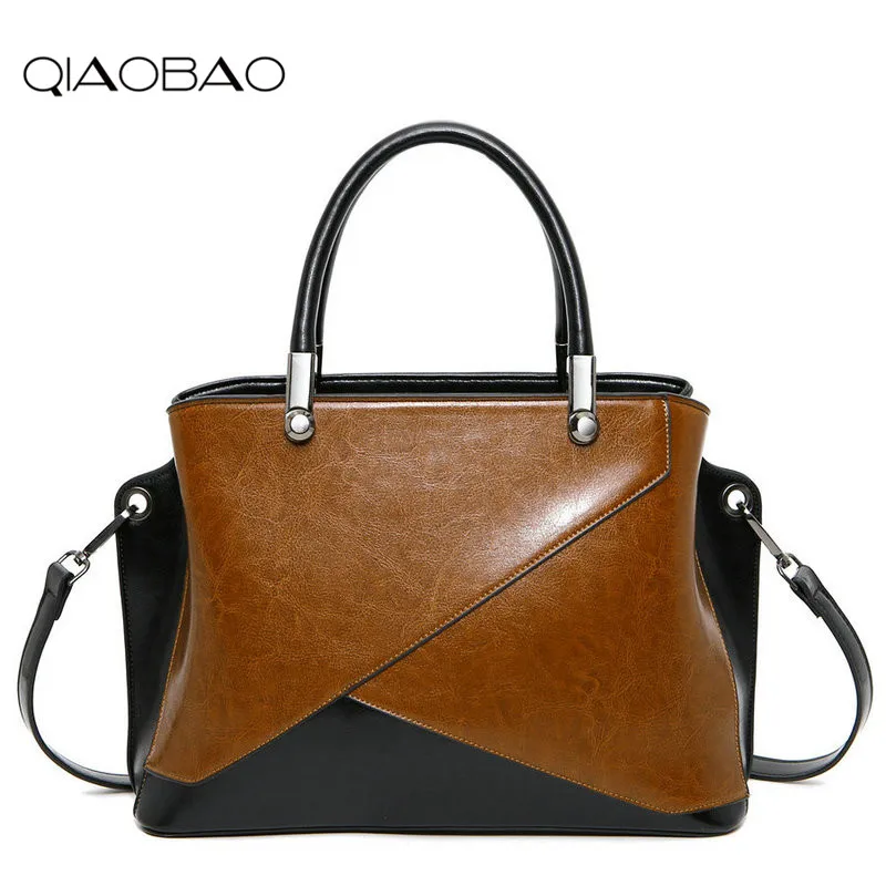 

QIAOBAO New 2019 Fashion Genuine Leather Women Bag Patchwork Shoulder Bag Famous Brand Women Handbag Casual Tote sac