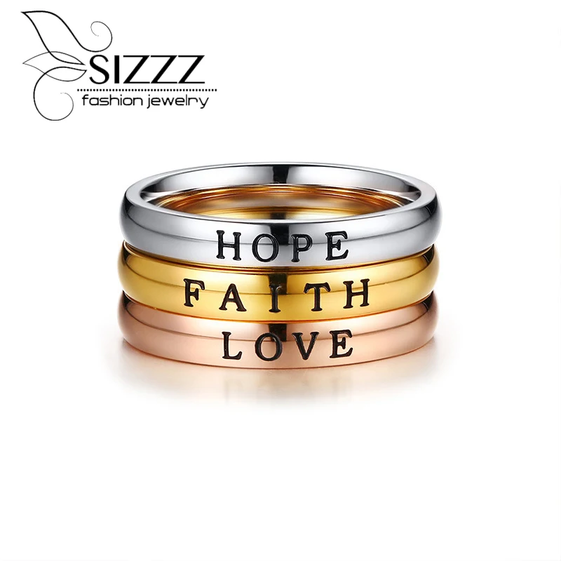 Женское кольцо HOPE/LOVE/FAITH SIZZZ 3 мм ширина лица цвета нержавеющая сталь|Кольца| |