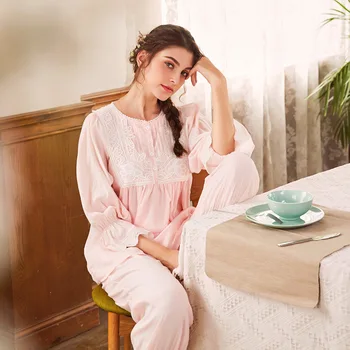 

Retro Princess Pleated Lace Cotton Trumpet Sleeve Women Pajama Set