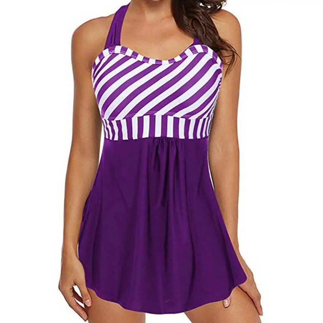 Women Halter Sleeveless Striped Backless Two piece Yes No Swimsuit