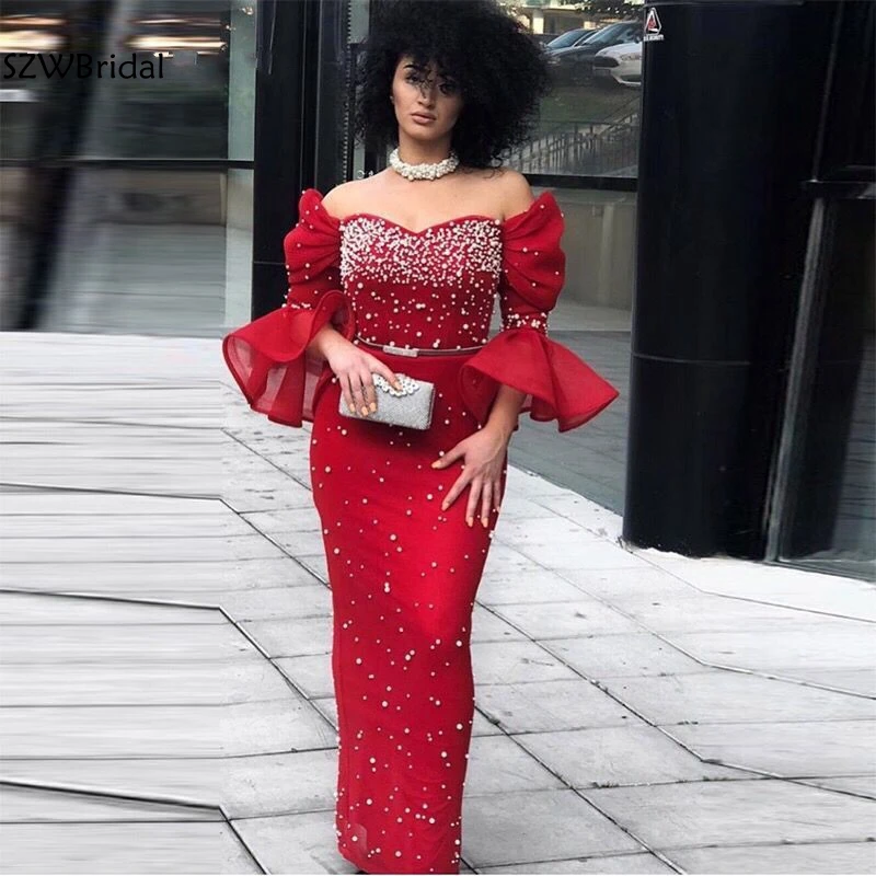 

New Arrival Long Abendkleider Red Pearls Arabic Evening Dress 2019 Dubai Evening Gowns robe de soiree Formal dress party dress