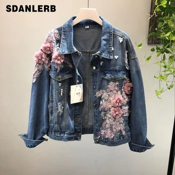 

2019 Spring Autumn Jeans Jacket Coat Woman New Heavy Stereo Pink Flower Embroidered Hole Denim Jackets Student Basic Coats