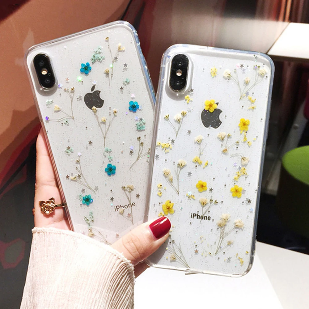 

Real Dried Flower Transparent Cases For iPhone X 6 6S 8 Plus XR XS Max Soft TPU Back Cover For iPhone 7 8 Plus Bling Clear Coque