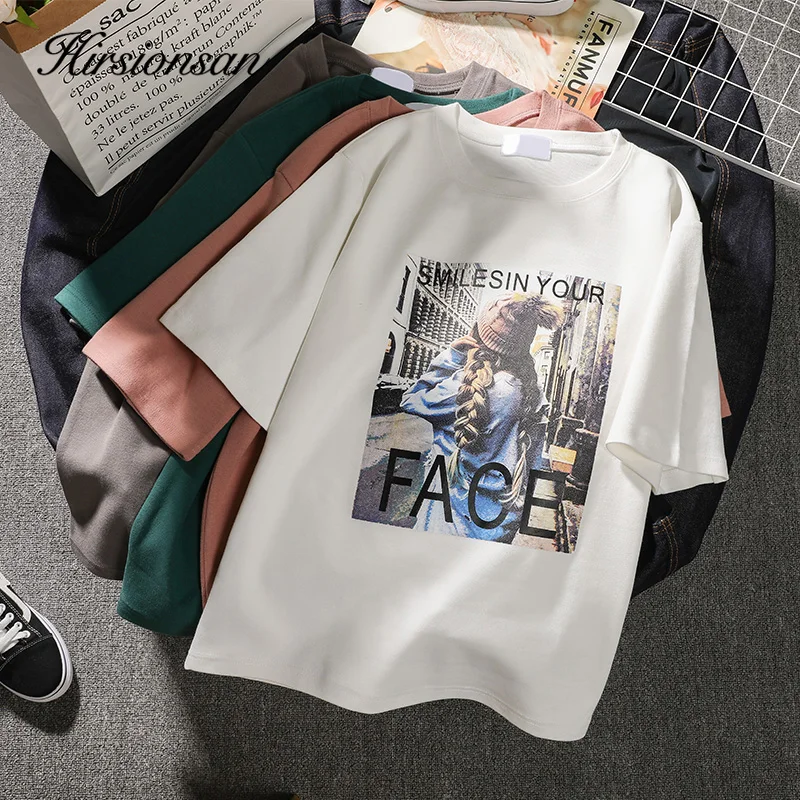 

Hirsionsan Short Sleeve T Shirt Women 2019 Summer Korean Loose Graphic Printed Tops O-neck Chic Tee Harajuku Female Tshirts