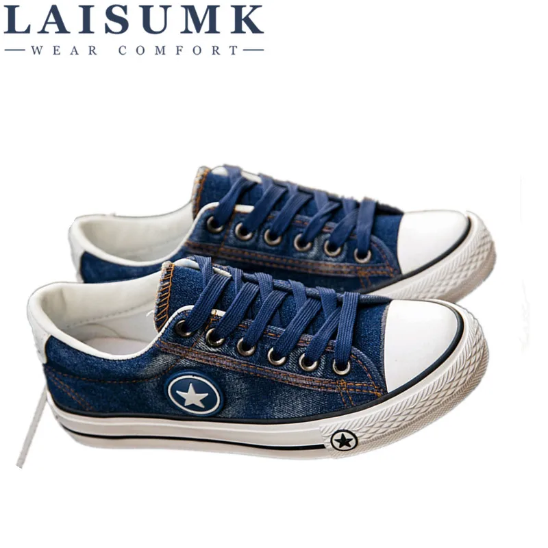 LAISUMK/; женская повседневная обувь; новые парусиновые кроссовки из джинсовой ткани; модная обувь на плоской подошве со звездами; tenis feminino; Размеры 35-44