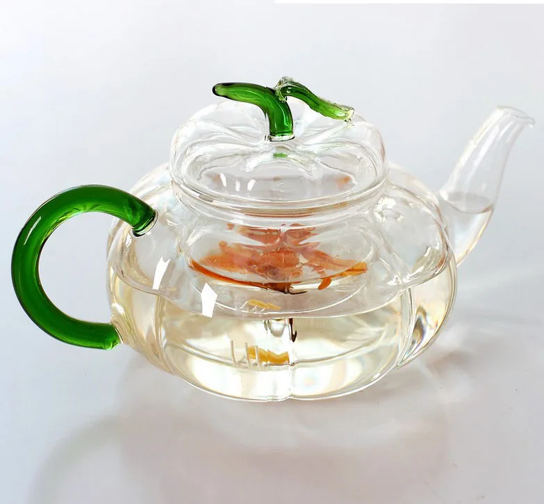 

Free shipping glass 600ml green leaves tea pot, pumpkin glass teapot