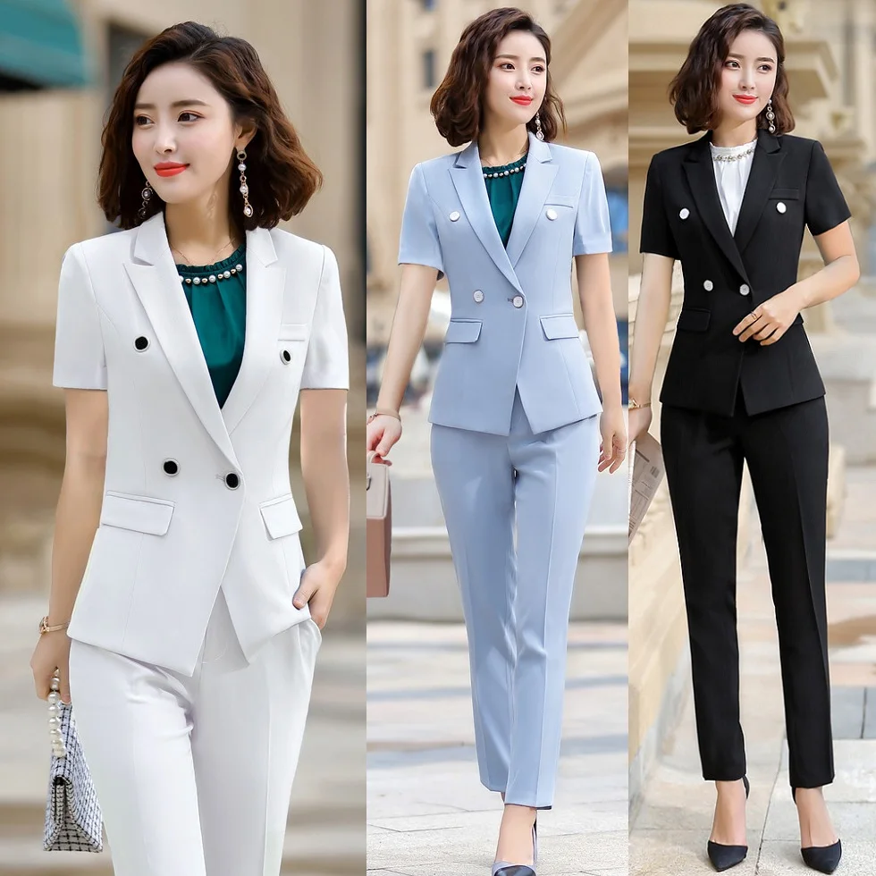 

Summer Formal Pant Suits for Women Business Suits White Blazer and Jacket Sets Ladies Work Wear Clothes Short Sleeve