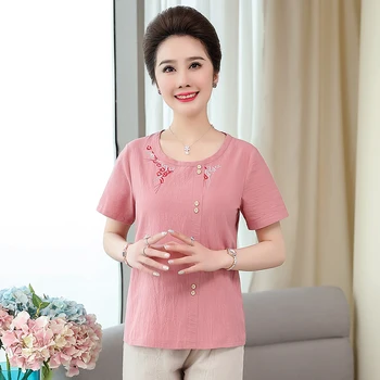 

New style embroidery two pieces suits with pants summer middle aged mother round-neck linen cotton blouse with pants