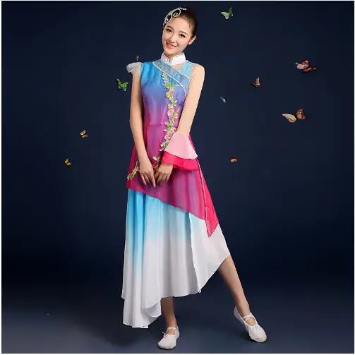 (086) 2016 high quality female fan dance classical dance costume folk costumes dance umbrella dance stage summer dress