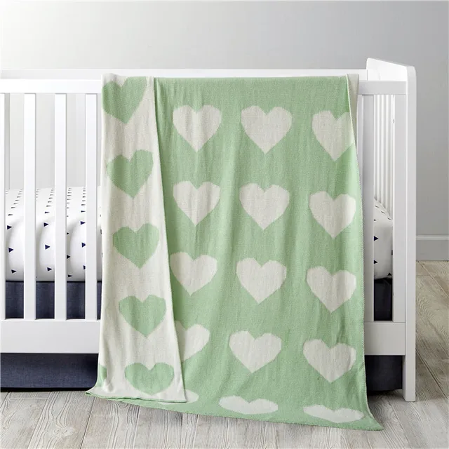 Best price at $105 Cheap 100% cotton Green Color Heart design Thread Blanket,size110x130 sofa blanket,crib Knitting Blanket,baby sleeping blanket bedding