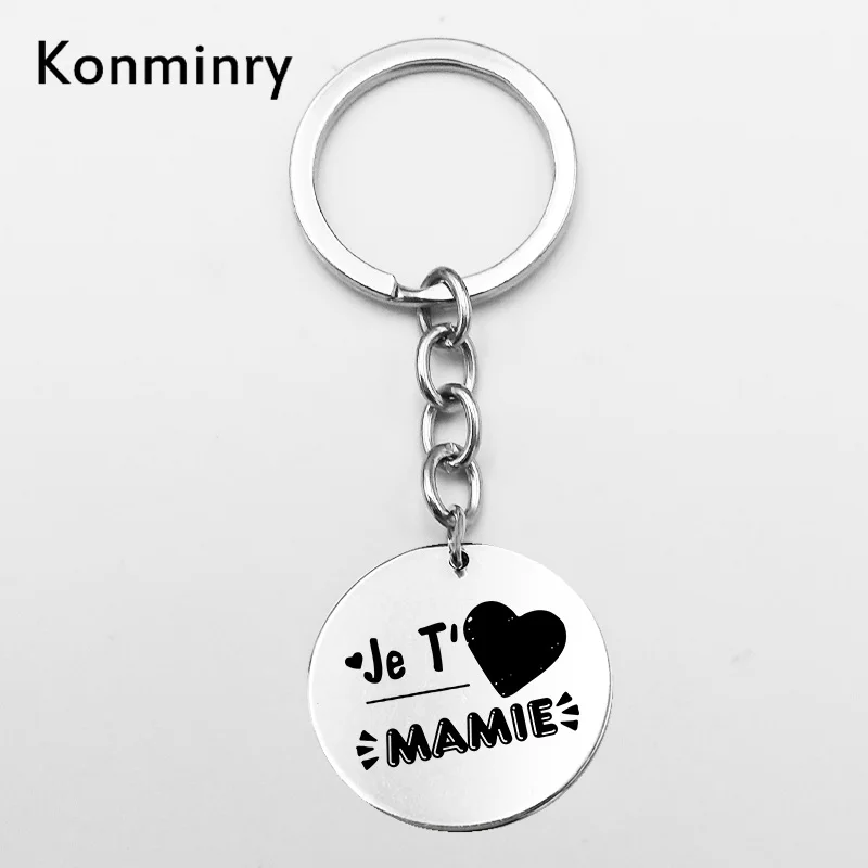 

I Heart Mamie Stainless Steel Key Chains Round Shape Coin Pendant Customize Grandma French Words Keyring Jewelry Konminry