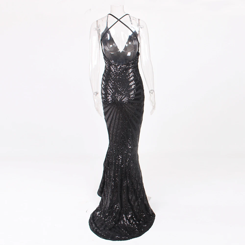 Элегантные черные платья макси с блестками платья длиной до пола платье с открытой спиной с перекрестными лямками Русалка Вечерние платья