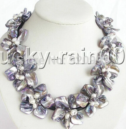 

Wholesale Free P&P****handmade purple shell flower pearls leather Choker necklace ##a #a