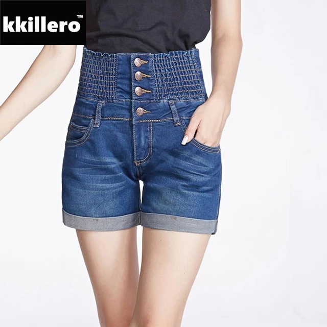 Best Price Plus Size 26-40 High Waist Denim Shorts For Women Summer Style Stretched Full Size Folded Bottom Elastic Waist Short Jeans Best Price Plus Size 26-40 High Waist Denim Shorts For Women Summer Style Stretched Full Size Folded Bottom Elastic Waist Short Jeans