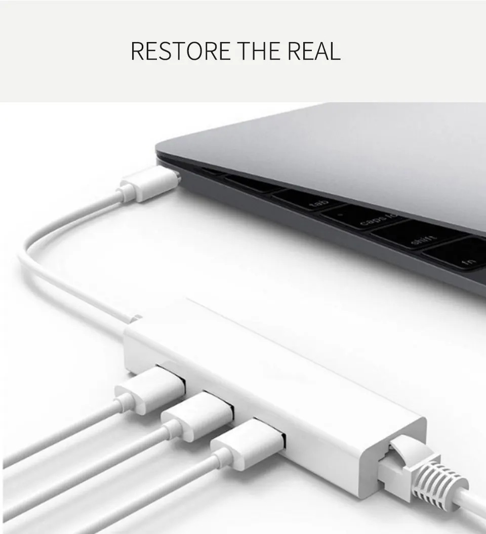 Type C To USB 2.0 HUB 3 Ports USB 101001000 Network Card Rj45 Lan Adapter Gigabit Ethernet High Speed Data For MacBook (11)