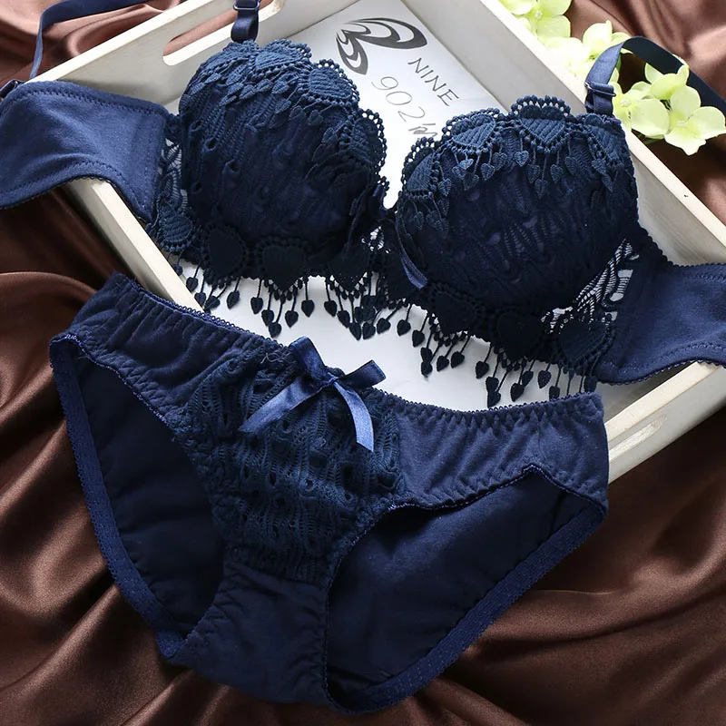 sexy lace tassle lingerie bra set - blue
