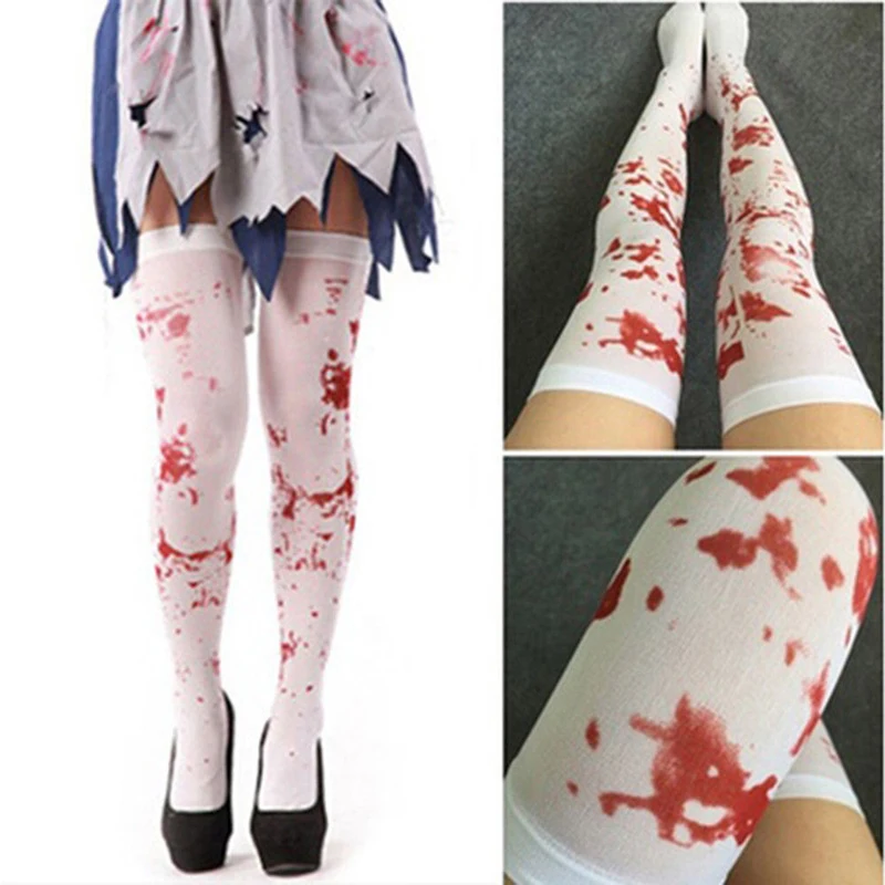White Blood Stained Zombie Halloween Stripey Holds Up Stockings /& stained Tights
